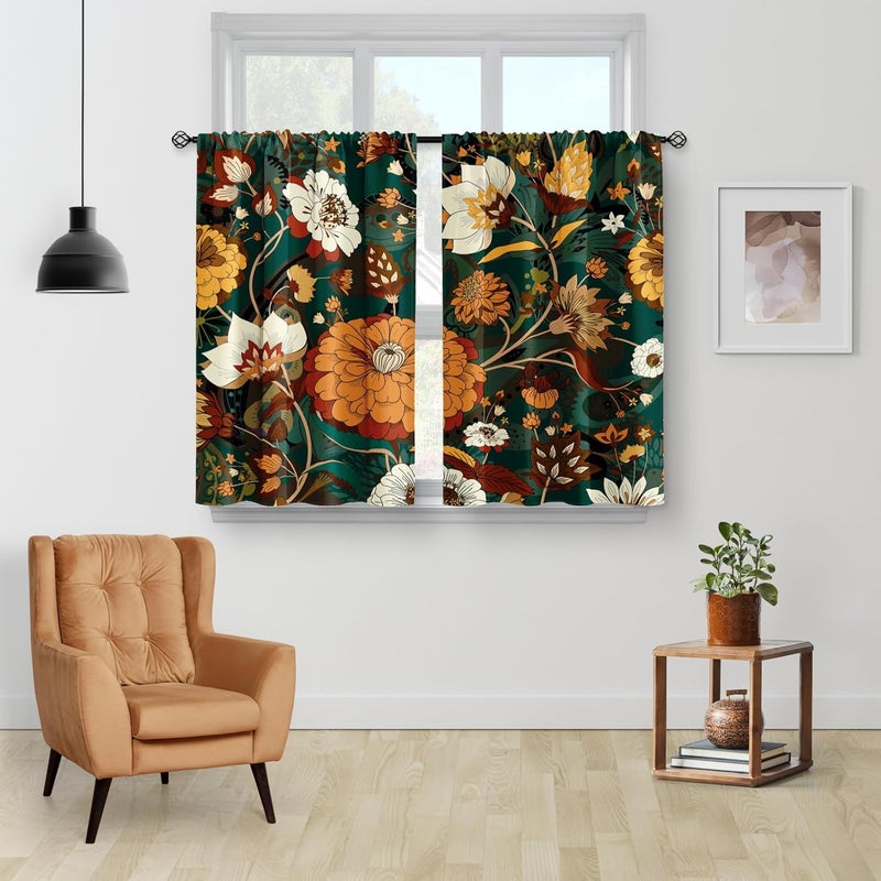 Aimego Boho Floral Kitchen Curtains - Bohemian Tropical Rustic Retro Flower Cafe Farmhouse Small Short Tier Window Curtains for Living Room Decor Rod Pocket Window Drapes 36 Inch Length Set 28"x36" - Image 2
